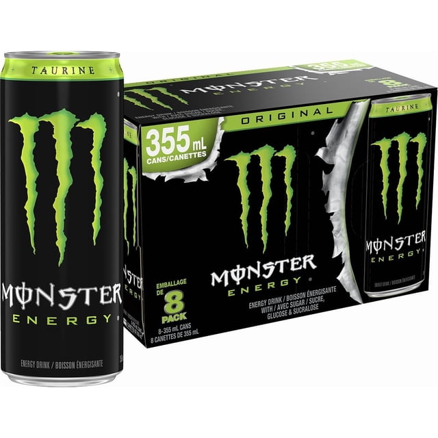 MONSTER ENERGY Green 355mL 8 Pack showing a front-facing black can with the green claw logo and 'Taurine' on the rim, alongside the black and green 8-pack box with matching branding and 355 mL can size, an energy drink containing caffeine and sweeteners, often used to boost energy and alertness.