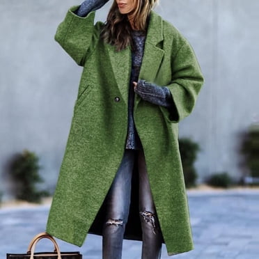 WRKEKC Women's Beltless Wool Blend Coat Notch Lapel Relaxed Fit Long Trench Office Ready Fall Winter Timeless Outerwear Green 4XL