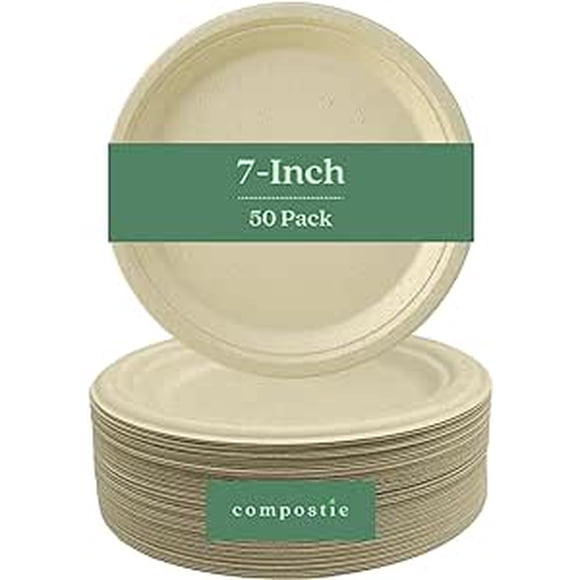 FREE SHIPPING COMPOSTIE 50pcs 100% Compostable and Disposable Sugarcane Paper Plates 7 Inch for 50 Guests and Events Parties Weddings