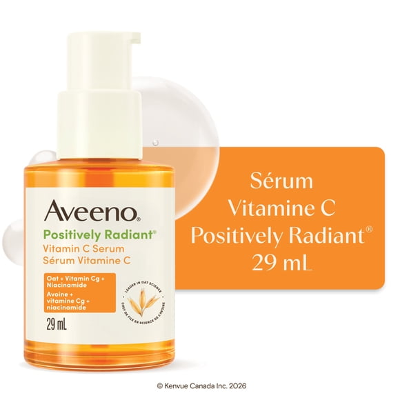 Aveeno Positively Radiant Vitamin C Serum for Sensitive Skin with Antioxidant Oat and Niacinamide, Serum to Brighten and Smooth Skin, 29 mL
