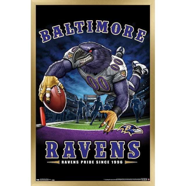 NFL Baltimore Ravens - Affiche Murale End Zone 17, 14,725 Po x 22,375 Po Représentant une Mascotte de Corbeau Violet dans un Chandail de football Blanc avec Numéro 00 Plongeant pour Marquer un Touché sur un Terrain de football Vert avec des Joueurs Silhouette et un Tableau de Bord, Encadrée en or avec Texte Audacieux des Baltimore Ravens et logo d'Équipe, Imprimée sur Papier Lustré Idéale pour la Déco de la Maison Ou de la Chambre de fan