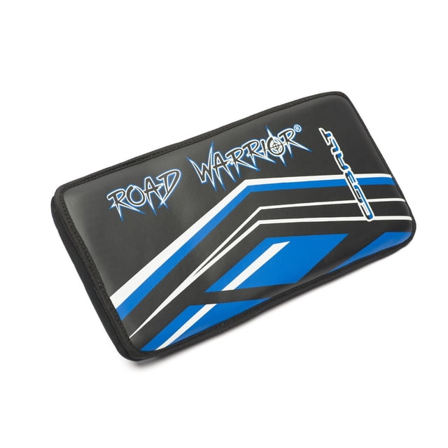 Road Warrior Cobalt Street Lefthand Hockey Blocker angled on white background, showing a black and blue contoured design with white and black stripes, padded finger and thumb guards, and the Road Warrior logo in stylized blue text, suitable for street hockey goalie protection.