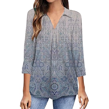 RKSTN Women's Casual Boho Floral Print V Neck Long Sleeve Autumn Floral Printing Tops Loose Blouses Shirts