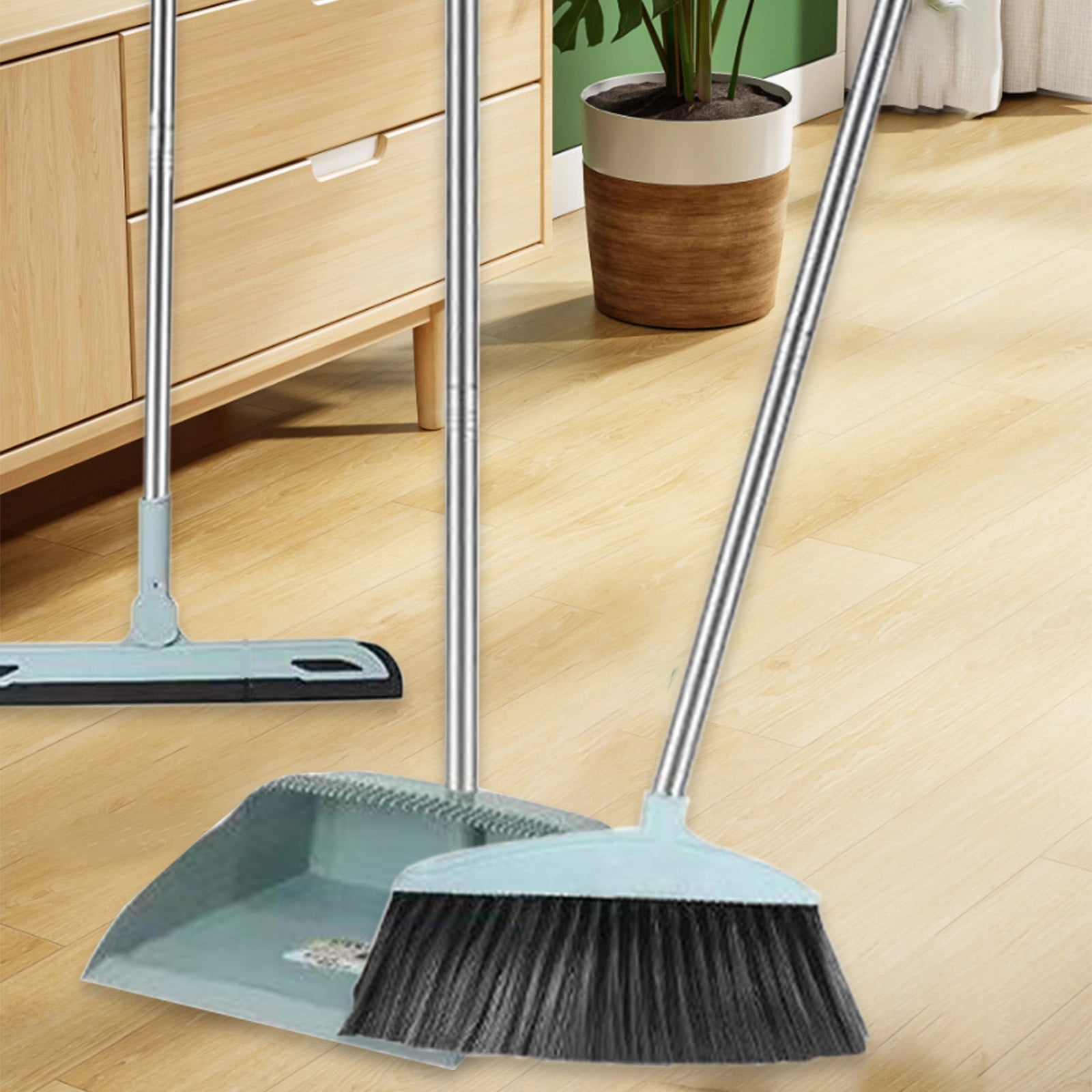 Luiuiu Broom and Dustpan Set of 3, Broom with Dustpan Combo and Rubber Broom, Brooms and Dust Pan with Long Handle, Broom and Dustpans Set for Lobby Kitchen Office