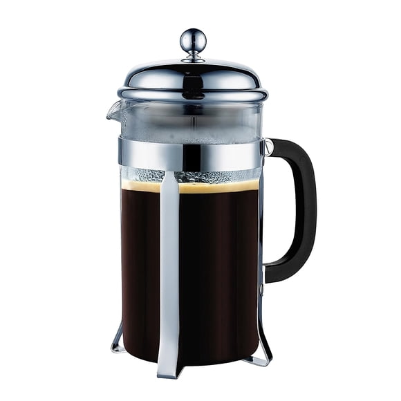 French Coffee Press 32oz - Stainless Steel & Glass Coffee Maker, Double Filter System, 8-Cup French Press with 2 Bonus Screens, Chrome Finish
