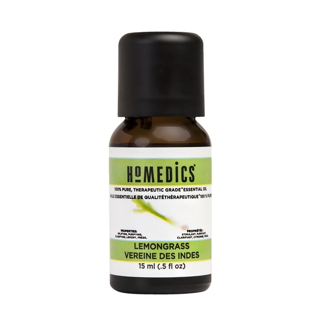 Homedics Lemongrass Essential Oil 15ml X 6 Pack. A close-up view of one 15ml bottle of Homedics lemongrass essential oil, featuring a dark amber glass bottle with a black cap and a green and white label. The label highlights its 100% pure, therapeutic-grade quality and uplifting, cleansing properties. This set includes six bottles, each containing 15ml of lemongrass essential oil, ideal for aromatherapy, diffusers, or topical use when diluted with a carrier oil.