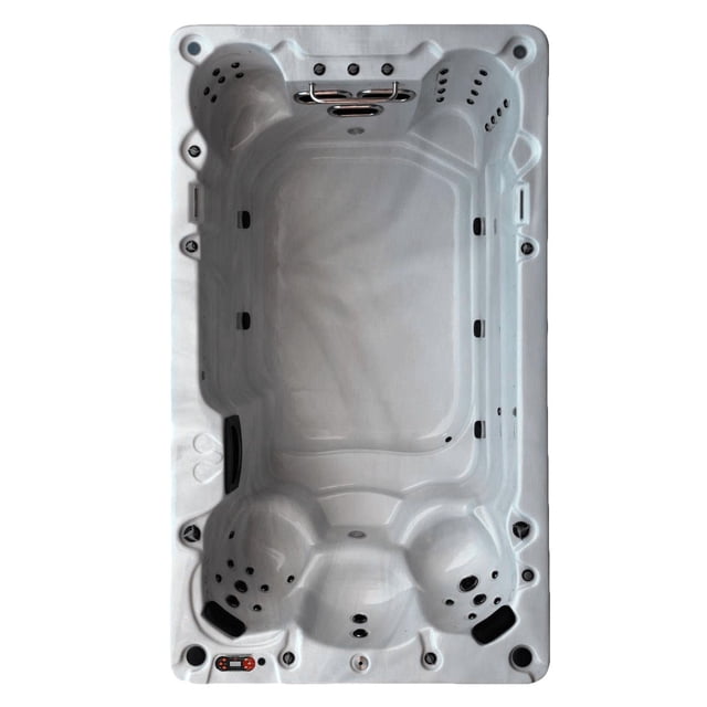 St Lawrence 13ft 12-Person 39-Jet Swim Spa top view showing a white rectangular swim spa with multilevel seating for five, including captain’s chairs with headrests, a coach’s chair, and a stand-up chair for leg massage. It features 39 adjustable hydrotherapy jets, three wide river jets powered by 5HP pumps, a control panel, and stainless steel grab bars.