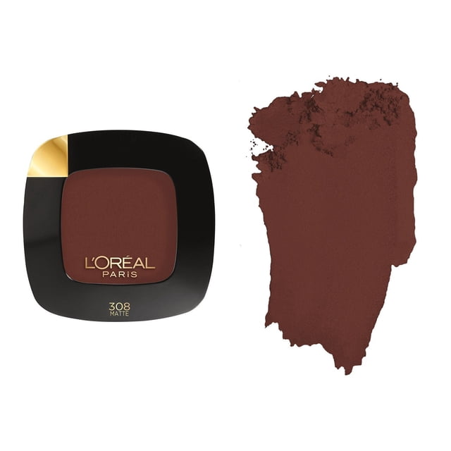 L'Oréal Paris Color Riche Eyeshadow Monos in red shade 308 matte, shown in a square black compact with gold accents and logo, alongside a swatch of the matte red powder highlighting its soft, velvety texture and high pigment gel-to-powder formula suitable for smooth, long-lasting application.