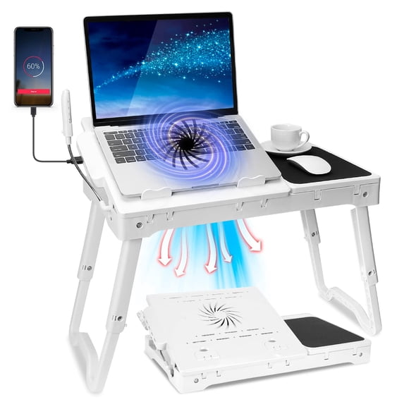 Bureau pour Ordinateur Portable pour Lit Support d'Ordinateur Portable Ajustable Table de Lit Pliable Bureau de Genoux Portable Support Pliant pour Cahier Plateau de Lecture et d'Écriture avec 4 Ports USB et Ventilateur de Refroidissement pour Lit Canapé Sofa Plancher (Blanc)
