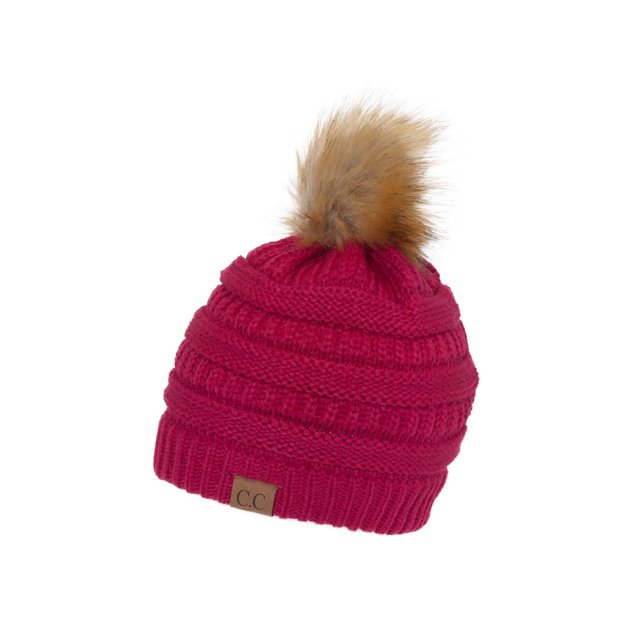 Gravity Threads Cable Knit Faux Fur Pom Pom Beanie Hat, Hot Pink