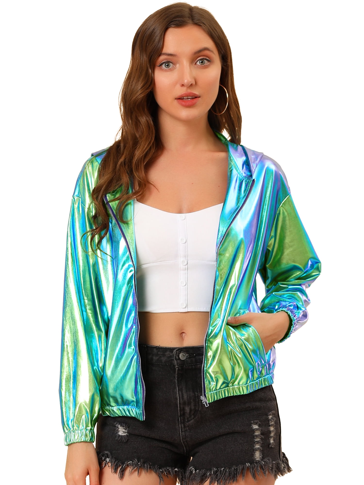 INSPIRE CHIC Veste Métallisée à Capuche Brillante à Manches Longues avec Fermeture Éclair pour Femme