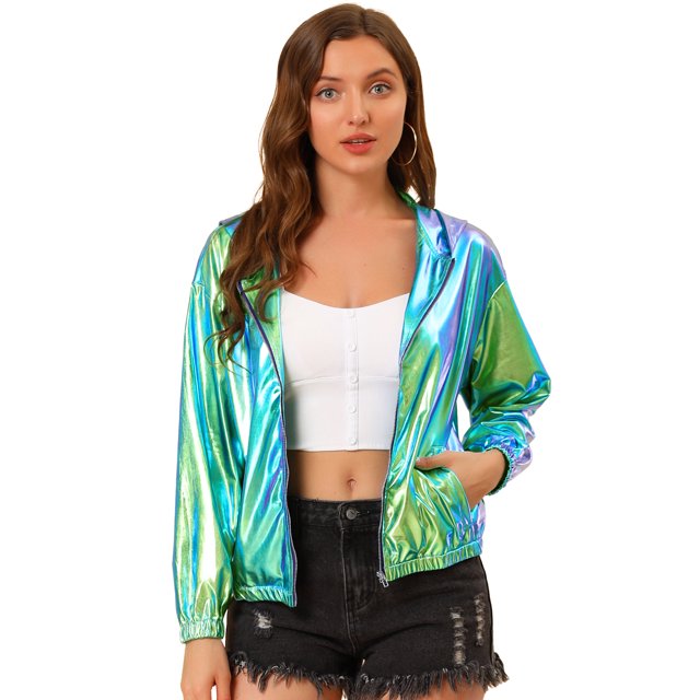 INSPIRE CHIC Women's Shiny Long Sleeve Zipper Hooded Metallic Jacket