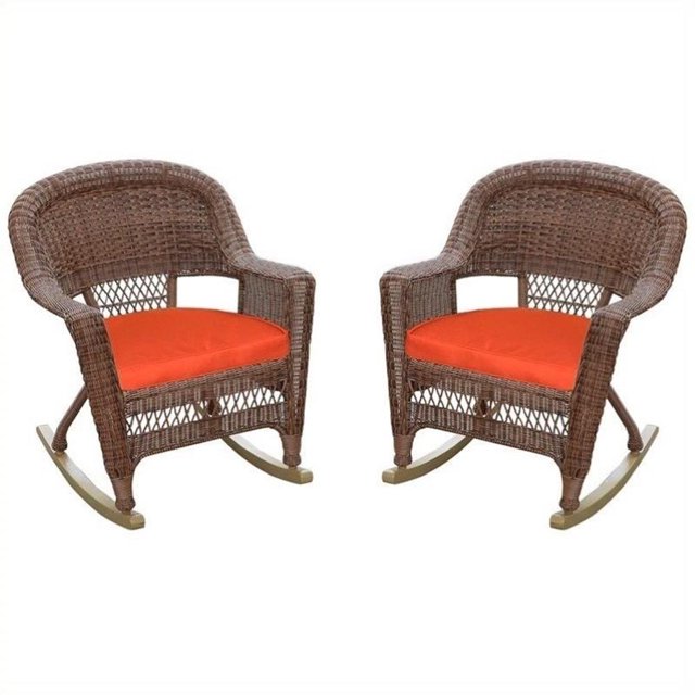 Jeco Chaise en Osier Couleur Miel avec Coussin Rouge (Ensemble de 4)