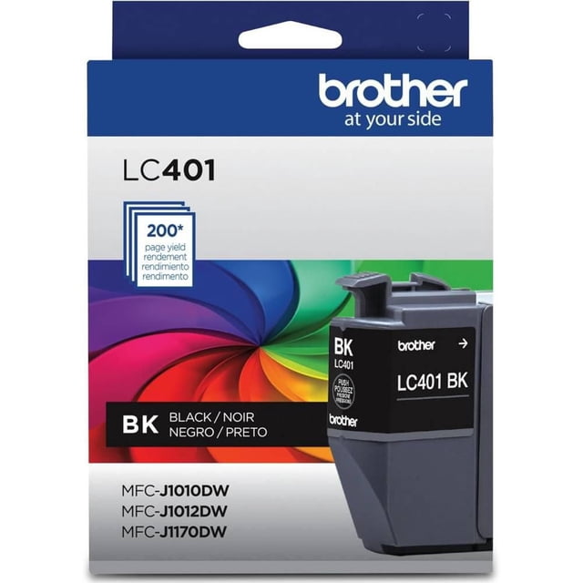 Brother Genuine LC401BKS standard-yield black ink cartridge with packaging showing the black LC401 BK cartridge, compatible with Brother MFC-J1010DW, MFC-J1012DW, and MFC-J1170DW printers, featuring a colorful swirl graphic and 200-page yield.