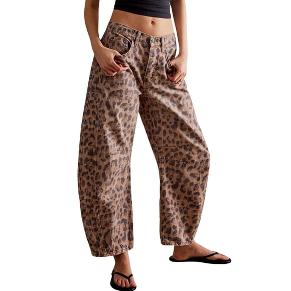 Women's Loose Wide Leg Washed Jeans Brown M, Women's Baggy Barrel Jeans Casual Mid Leopard Printed Wide Leg Denim Ankle Pants