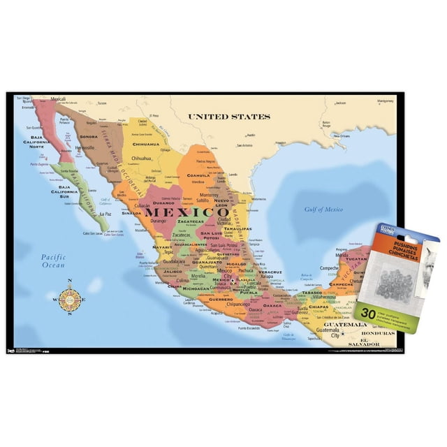 Carte - Affiche Murale du Mexique, 22,375 Pouces x 34 Pouces Encadrée, Carte Politique Détaillée Montrant les États Mexicains avec des Frontières et des Villes Majeures, Bordée par les États-Unis, l'Océan Pacifique et le Golfe du Mexique, Comprend une rose Boussole et un Cadre Noir, Convient comme art Mural et Déco Maison.