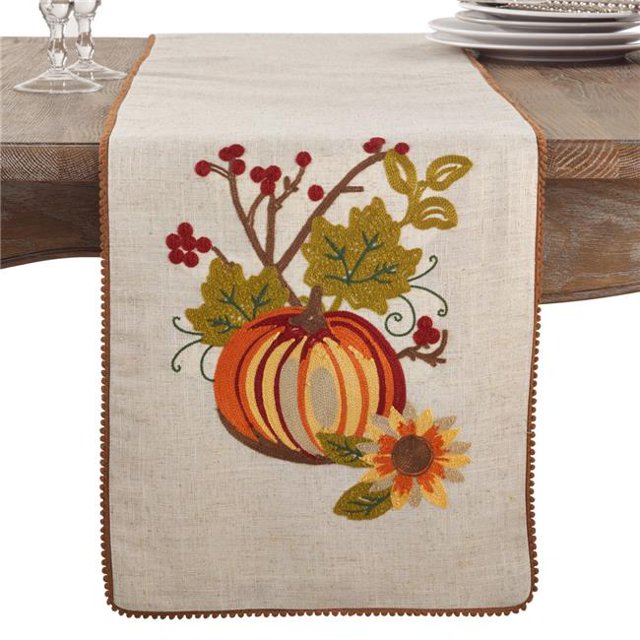 Saro Lifestyle 0836.N1472B Embroidered Pumpkin Flower Design Fall Holiday Thanksgiving Table Runner - Orange