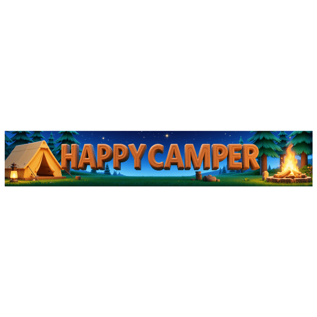 Forest Design Happy Camper Tent Banner Campfire Nature Scene for Outdoor Adventure Camping Event