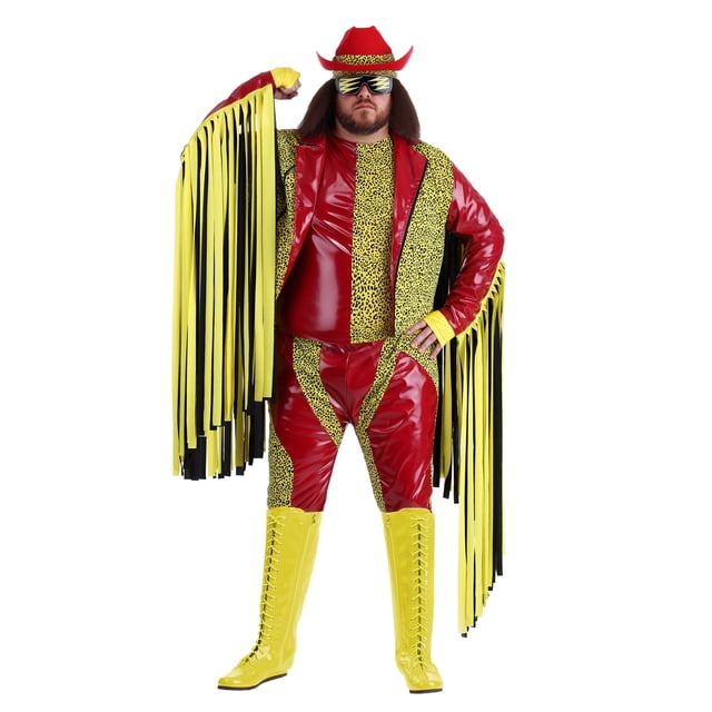 Costume Grande Taille Macho Man Randy Savage Présentant un design Audacieux Rouge et Jaune avec des Détails à Imprimé Léopard. l'Ensemble Comprend un Chandail Sans Manches, un Pantalon à Taille Élastique et une Veste avec une Fermeture Éclair Décentrée et de Longues Manches à Franges. les Accessoires Incluent un Chapeau de cowboy en Feutre avec une Bande à Imprimé Léopard et des Bandeaux pour les Mains en Tissu. Fabriqué en Similicuir PVC et Mélange polyester-spandex, Ce Costume sous Licence Officielle WWE Est Parfait pour les fans de Lutte et les Événements d'Halloween.