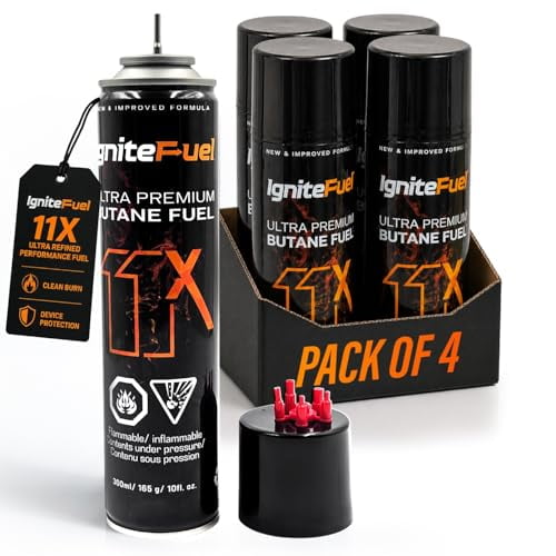 IgniteFuel 11X Ultra Premium Butane Fuel 300ml (165g) – Clean Burning High Purity Butane Lighter Refill for Torch Lighters, BBQ, Culinary Torches, Outdoor Use (Pack of 4)