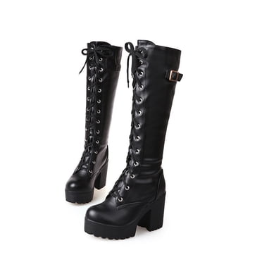 Amzcrzy Bottes Hauteur Genou Femmes Hiver Chaudes Fermeture Éclair Bout Rond Semelle Épaisse Talons Hauts Manche Haute à Lacets Bottes Cavalières Cuissardes Bottes pour Femmes Bottes pour Femmes Bottes pour Dames Chaussures pour Femmes