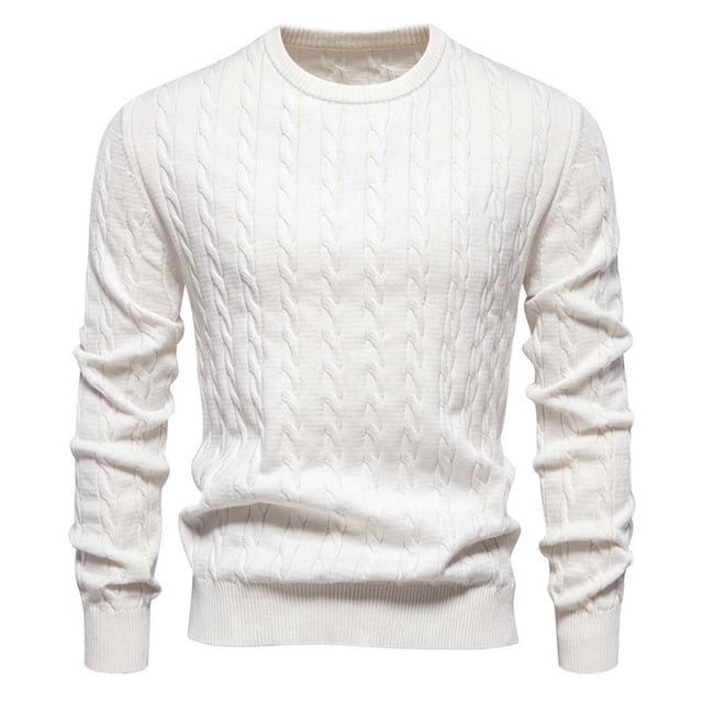 TIMIFIS Chandail Blanc pour Homme à Col Rond en Tricot à Manches Longues, Chandail Extensible Uni pour l'Automne et l'Hiver, Hauts Décontractés Stylés