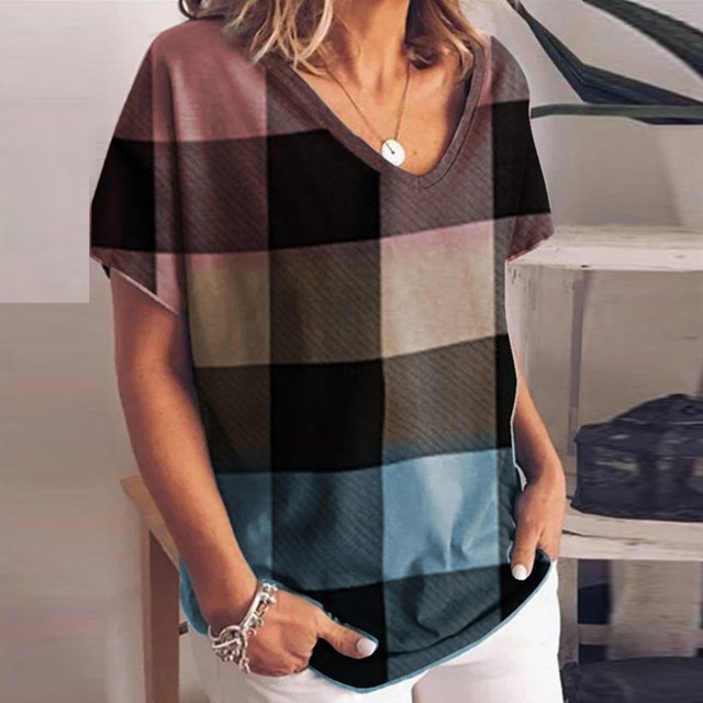 Fashion Womens Gradient Color Printing Short-sleeved Large Size Loose T-shirt