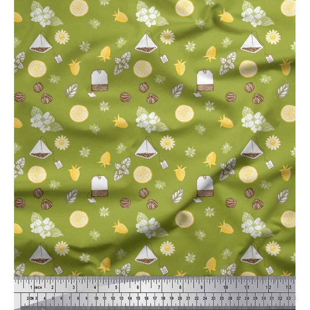 Soimoi Green Poly Georgette Fabric Tea Bag,Star Anise & Lemon Slice Vegetable Print Fabric by Yard 42 Inch Wide