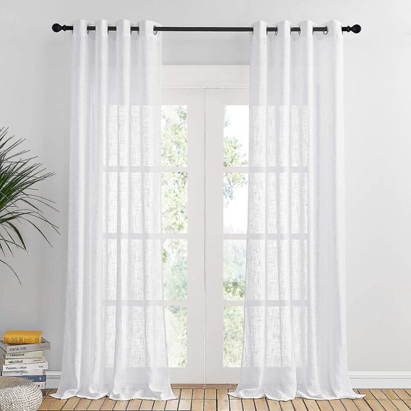 Rideaux de Fenêtre en Voile - Voilages Blancs en Voile à Oeillets avec Motif Croisé, Décoration Intérieure Lumineuse, Filtre Doux, L 140 X H 240 cm, Blanc, 2 Pcs