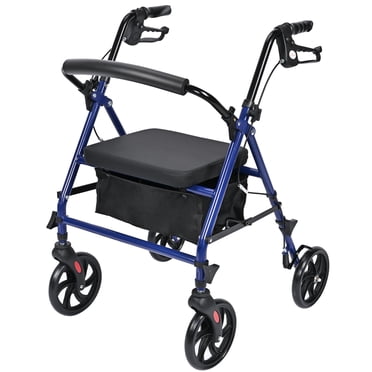 Déambulateur à 4 Roues avec Siège de 14 Pouces x 12 Pouces, Marchette Pliante avec Pochette de Rangement, Hauteur Ajustable, Roues de 8 Pouces, Capacité de Charge de 300 Lb, Bleu