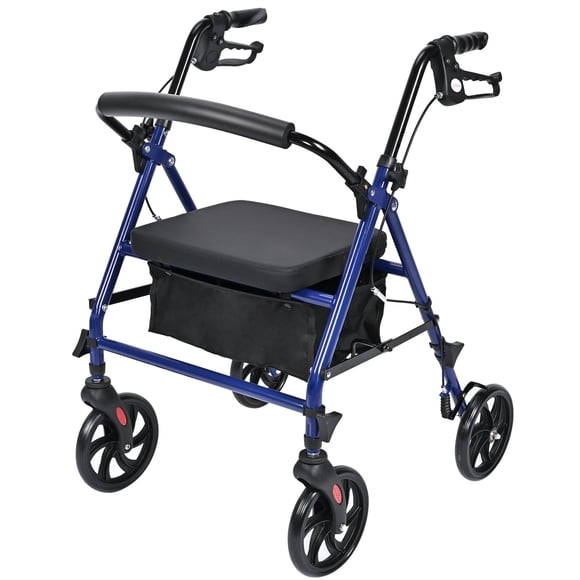 4-Wheel Rollator Walker with 14"x 12" Seat, Folding Walker with Storage Pouch, Height Adjustable, 8" Wheels, 300lb Weight Capacity, Blue