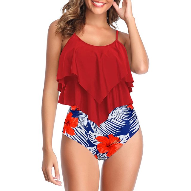 TIMIFIS Maillot de Bain Bikini Taille Haute pour Femme, Imprimé Floral, à Nouer, Deux Pièces