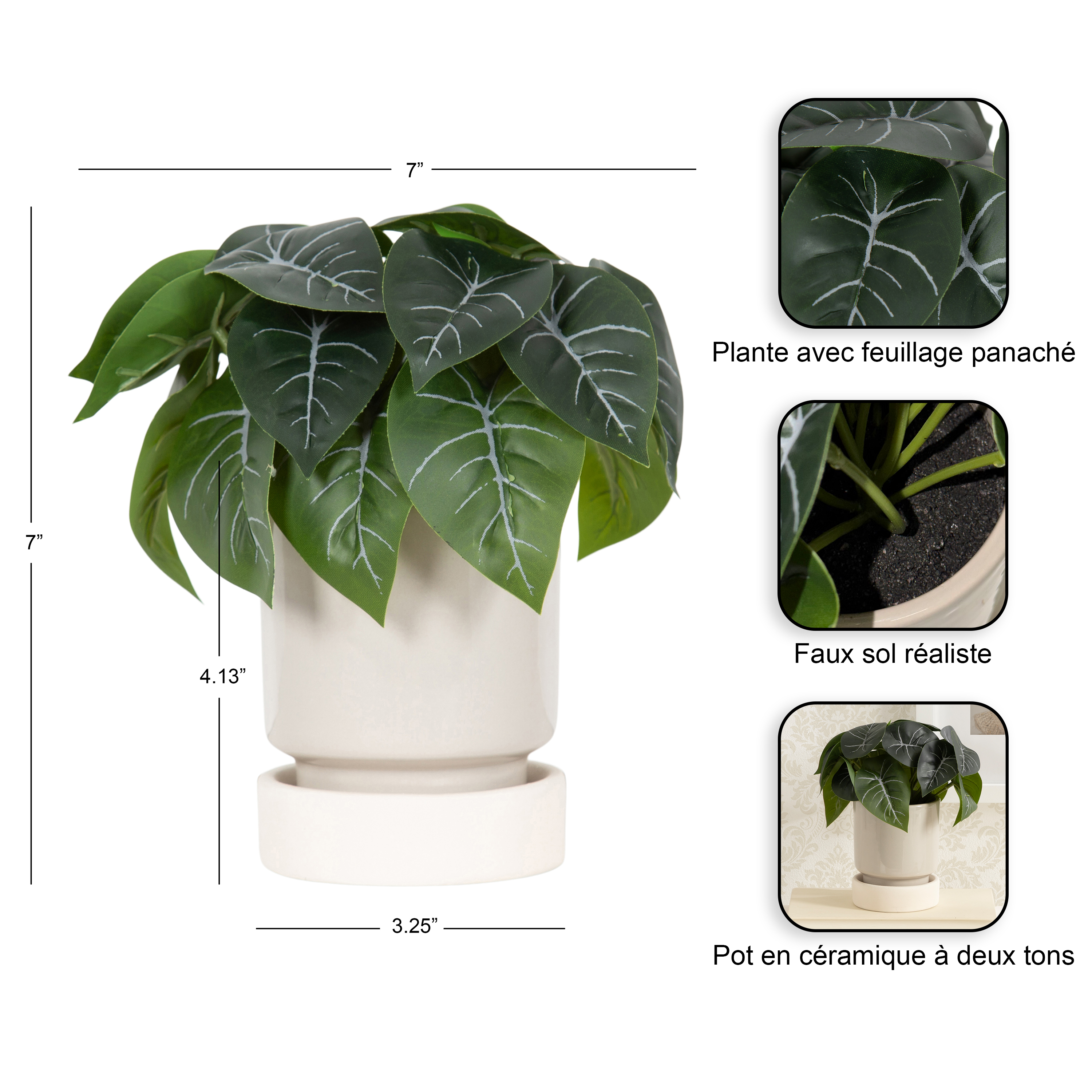 Plante artificielle avec feuillage panaché de 17,78 de hauteur dans un pot en céramique à deux tons de DesignOvation