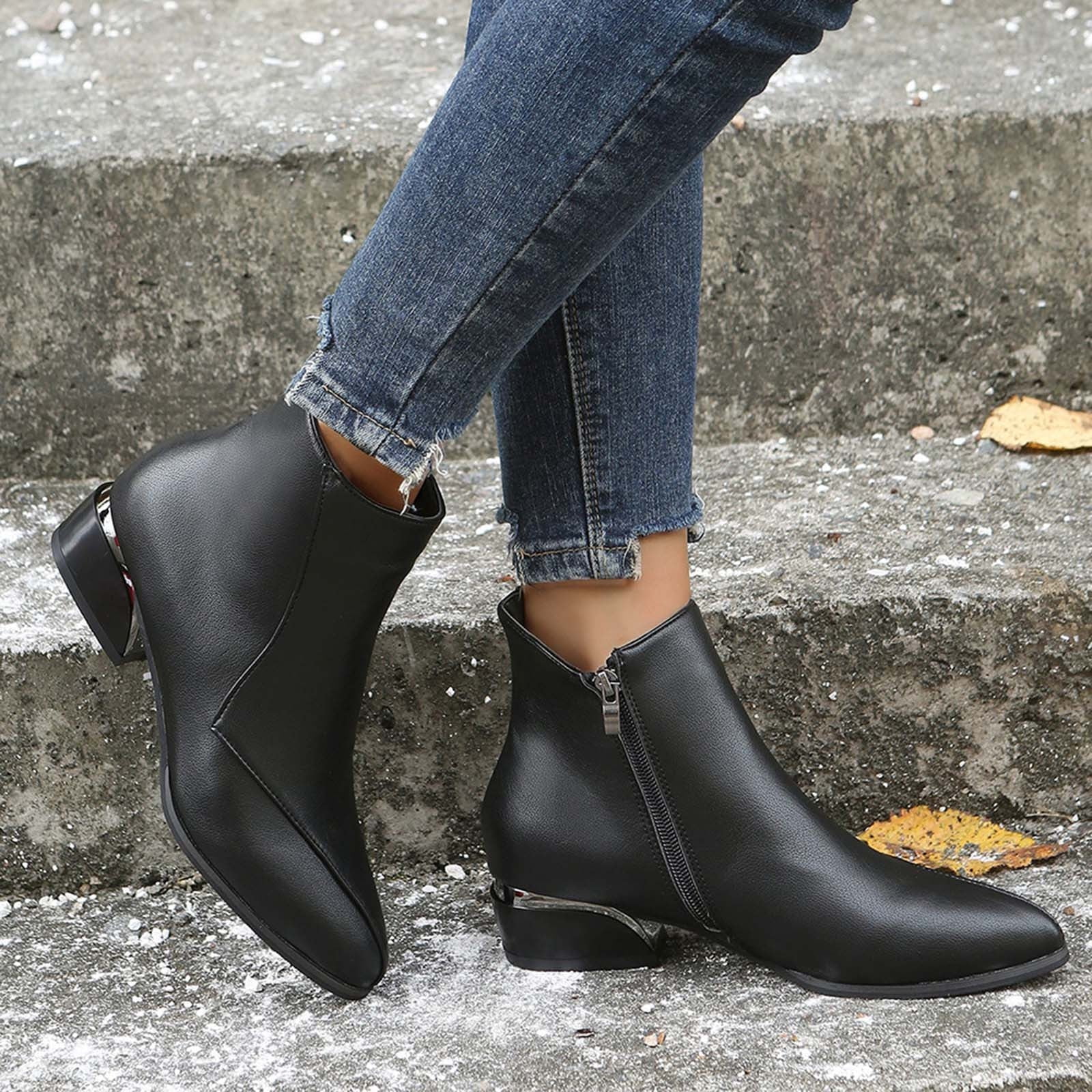 EGNMCR Ankle Boots for Women Side Zipper Mid Heel Flat Bottom