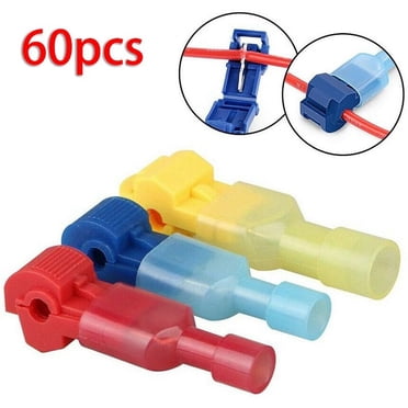 MYG pour Kit de Connecteurs de Bornes à Fil Rapide 60 Pcs T-tapins Isolés pour 22-10 AWG Tapotement Électrique Câblage Automobile Maison Auto-Agrippant Sans Outils Spéciaux Requis