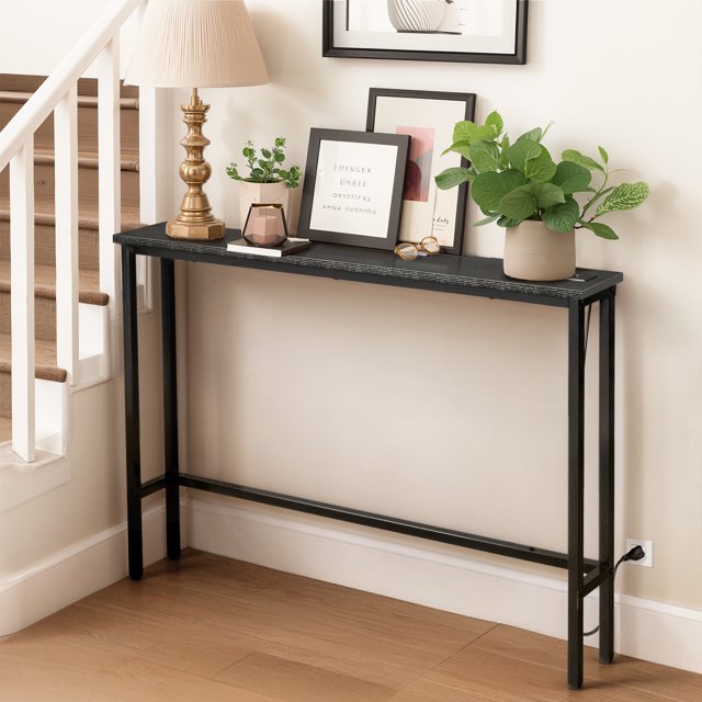 Ktaxon 39" Narrow Console Sofa Table with Power Outlets and USB Ports, Long Couch Table with Metal Frame and Charge Station with 4.9ft Extension Cord, Black