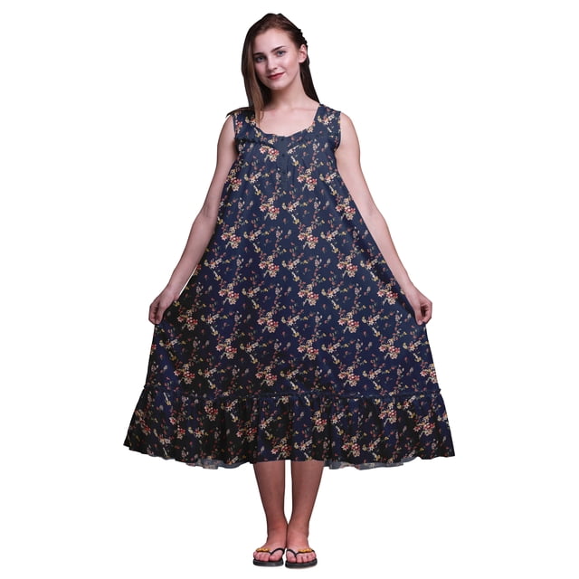 Bimba Bleu Marine Foncé Feuilles Florales et Fleurs Imprimées Chemises de Nuit en Coton pour Femmes Robe Sans Manches Tenue de Nuit Robe Maxi X-Small