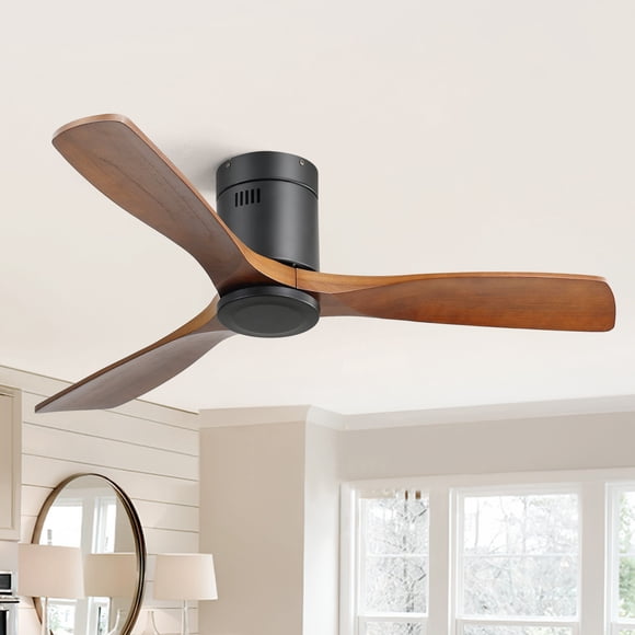 Sofucor 52 Inch Flush Mount Ceiling Fan with Light - Wood Blades Ceiling Fan for Living Room and Bedroom - Quiet DC Motor - Dimmable - Reversible Function