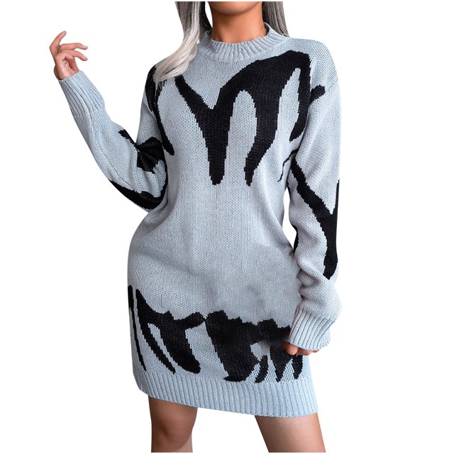 CEHVOM Women Casual Loose Geometric Patterns Sweater Knit Dress