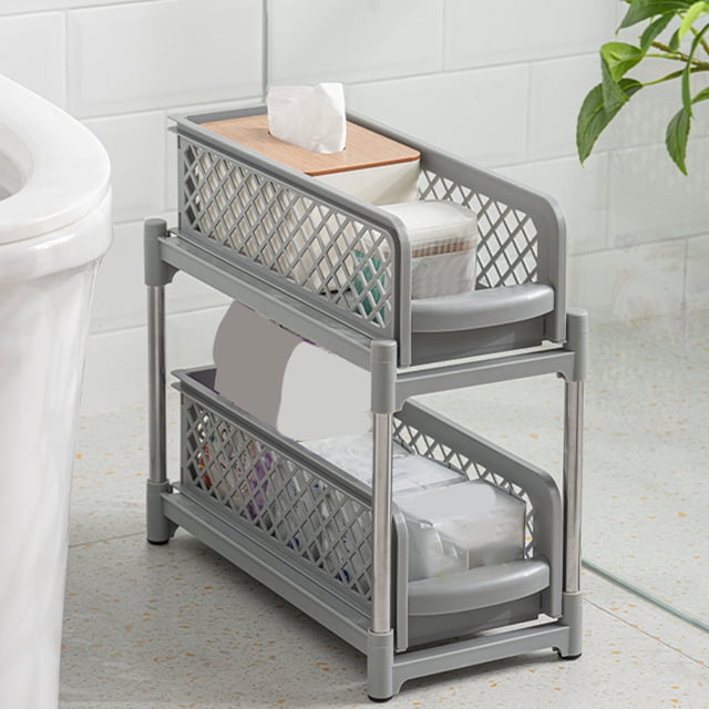 Under Sink Storage Organizer | 2-Layer Sliding Drawer Rack | Kitchen, Bathroom, Laundry Use | Durable Plastic with Steel Pipes | Easy Tool-Free Install | 14.76"x7.28"x14.56" | Black or White
