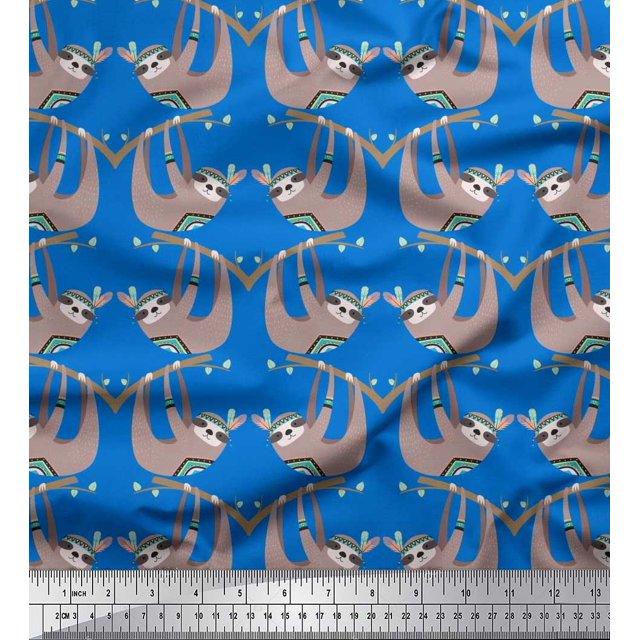 Soimoi Poly Georgette Fabric Feather,Branch & Sloth Cartoon Fabric Prints by Yard 52 Inch Wide