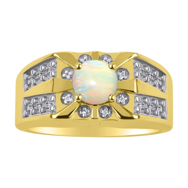RYLOS Men's Rings 14K Yellow Gold Designer Starburst 7MM Round Gemstone & Diamond Ring Opal October Birthstone Rings Size 8