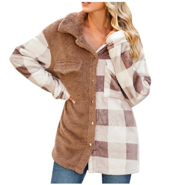IROINID Veste Courte en Shearling pour Femmes, Col Rabattu, à Carreaux, Manches Longues, Ample, Boutons, à Empiècements, en Polaire Double Face, Décontractée, Kaki