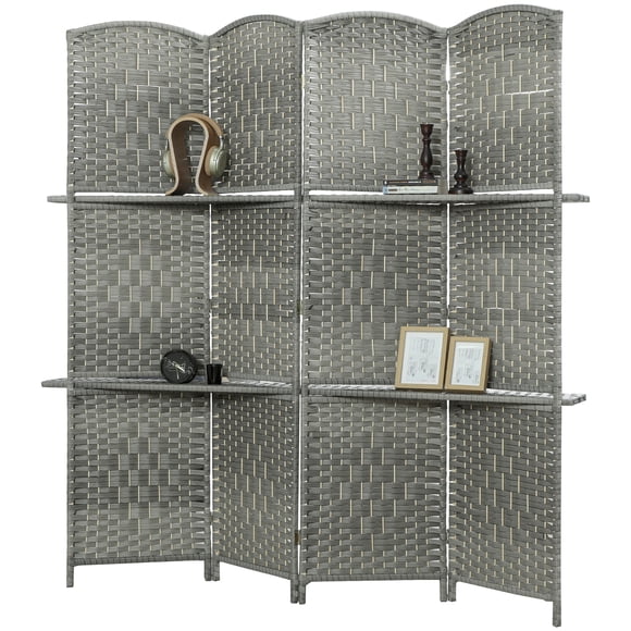 HOMCOM Paravent Pliant avec Étagères, Séparateur de Pièce à 4 Panneaux, Gris