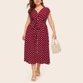thumbnail image 1 of LSLJS Plus Size Ladies Polka Print Dress Button Lace-up Waist V-neck Skirt, 1 of 9