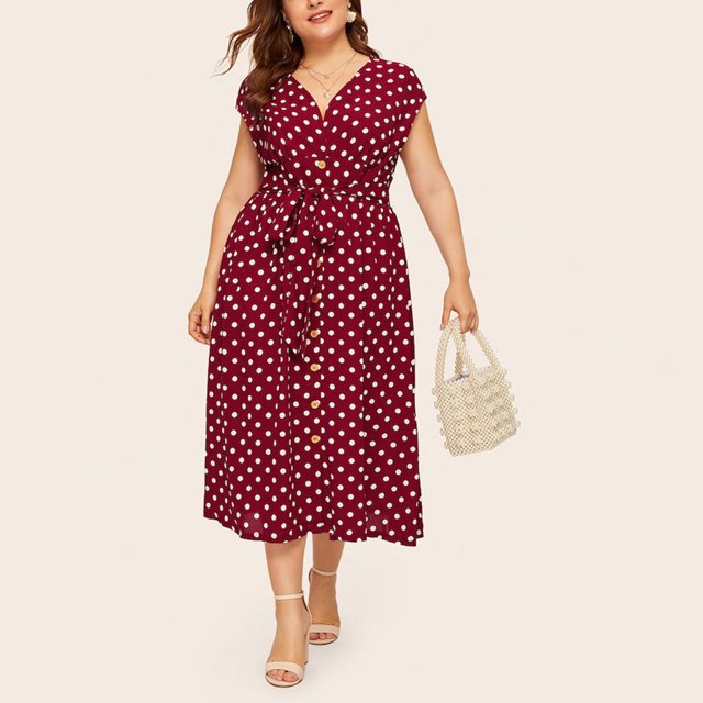 LSLJS Plus Size Ladies Polka Print Dress Button Lace-up Waist V-neck Skirt