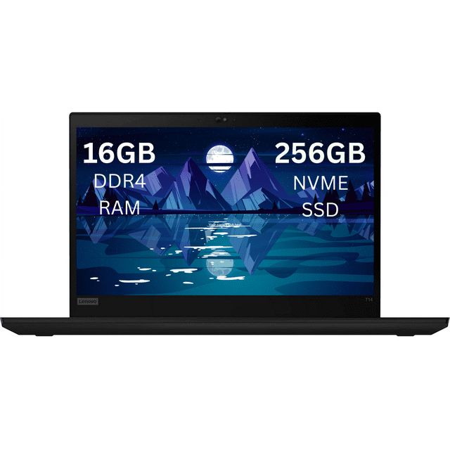 Lenovo ThinkPad T14 Ultrabook de 14 Pouces avec Processeur Intel Core i5 de 10e Gén., 16 Go de RAM DDR4 et SSD de 256 Go. l'Ordinateur Portable Fonctionne sur Windows 11 Pro et Comprend un Écran IPS HD Antireflet de 14 Pouces avec une Résolution de 1366 x 738 pixels. Il Offre une Connectivité Polyvalente avec USB 3.1, USB-C, HDMI, Ethernet, Wi‐Fi 6 et Bluetooth 5.0. les Fonctionnalités Supplémentaires Incluent un Clavier Rétroéclairé, une Caméra Web HD