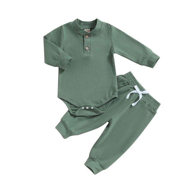 SUNSIOM Baby Boy 2 Piece Outfit featuring a solid green long sleeve romper with button details and a crew neck, paired with matching elastic waistband pants. Made of 95% cotton and 5% spandex, this fall outfit is breathable and soft, suitable for daily wear, holidays, or special occasions for boys aged 0-24 months.