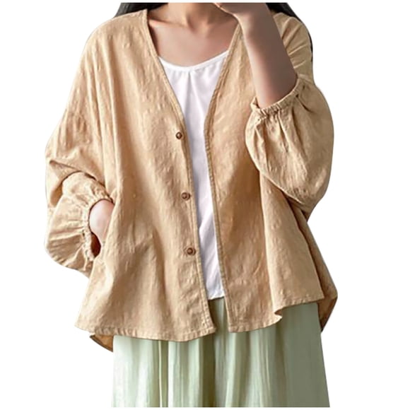 Timegard Tops for Women Trendy V Neck Button up Long Sleeve Loose Open Front Casual Drop Shoulder Tops
