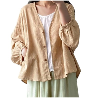 Timegard Tops for Women Trendy V Neck Button up Long Sleeve Loose Open Front Casual Drop Shoulder Tops